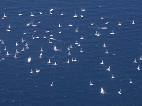 Seen from high above, competitors in the Kingston Laser World Championships compete on the waters off Portsmouth Olympic Harbour  on Thursday. (Elliot Ferguson/The  Whig-Standard)