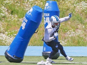 Argonauts defensive lineman Ricky Foley goes through a drill yesterday at Downsview Park. The veteran returns to Mosaic Field on Sunday after two seasons on the Roughriders. (DAVE THOMAS, Toronto Sun)