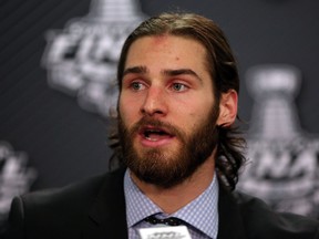 Brandon Saad of the Chicago Blackhawks speaks to the media after defeating the Tampa Bay Lightning 2-1 in Game 4 of the Stanley Cup Final at the United Center on June 10, 2015. (Jonathan Daniel/Getty Images/AFP)