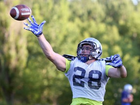 Sudbury Spartans' Josh Cuomo takes part in a receiving drill at practice on Thursday. The Spartans visit the Steel City Patriots on Saturday at 6 p.m. Gino Donato/The Sudbury Star/Postmedia Network