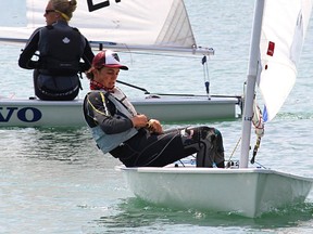 Toronto's Noah Collinson, 15, steers in the basin of the Sarnia Yacht Club Friday, as he and other competitors were preparing for Sailfest Sarnia races this weekend. The 16th annual regatta races this year feature four classes of dinghy sailboats. (Tyler Kula, The Observer)