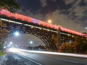 The illuminated Bloor St. viaduct as seen from Bayview Ave. during a test on June 25, 2015. (Ernest Doroszuk/Toronto Sun)