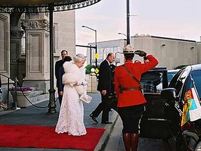 Her Majesty, Queen Elizabeth II leaves the Fairmont Hotel Macdonald in Edmonton, Alta., during her  2005 to Alberta. The Queen is Head of State of the UK and 15 other Commonwealth realms. The Queen stayed in the Royal Suite at the Fairmont Hotel Macdonald during her stay Photo Courtesy/Alberta Government