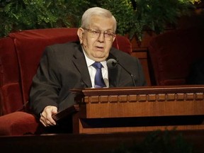 This April 6, 2014, file photo, shows President Boyd K. Packer, of the Quorum of Twelve Apostles, of The Church of Jesus Christ of Latter-day Saints, addressing the 184th Annual General Conference of The Church of Jesus Christ of Latter-day Saints, in Salt Lake City. Mormon leader Packer, president of the faith's highest governing body, has died. He was 90. Church spokesman Eric Hawkins said Packer died Friday, July 3, 2015, at his home in Salt Lake City from natural causes. (AP Photo/Rick Bowmer, File)