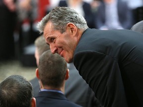 Manitoba Opposition Leader Brian Pallister mingles at the Victoria Inn Convention Centre in Winnipeg before Prime Minister Stephen Harper spoke to more than 300 supporters on Thu., April 23, 2015.