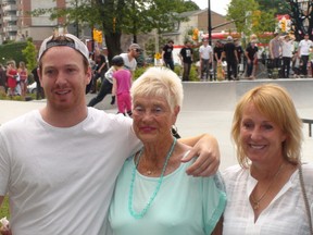 Pro skater Charlie Bowins was memorialized with a downtown skate park in his name, with the grand opening Saturday, July 4, 2015. His brother Robert Bowins (left) joined his grandmother Valerie Pettit (centre) and his mom Andrea Bowins.
AEDAN HELMER / OTTAWA SUN