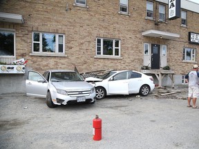 There did not appear to be serious injuries in a collision on Friday in which a driver took out a street sign and crashed into the entrance of the Plaza Hotel and into a vehicle in the parking lot on Bellevue Avenue.
Gino Donato/Sudbury Star