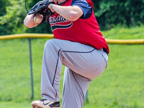Kingston Ponies pitcher Brody Burns delivers a pitch during the seventh and final inning of his no-hitter against the Panthers in National Capital Baseball League action at Megaffin Park on Sunday afternoon. (Kendra Pierroz/For The Whig-Standard)
