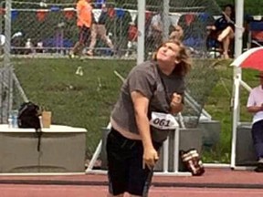 Wallaceburg's Camden Fischer won the gold medal in the midget boy's shotput at the Royal Canadian Legion's Ontario track and field championships July 3-4 in London. Fischer just finished Grade 8 at St. Elizabeth.