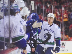 Shawn Matthias #27 of the Vancouver Canucks celebrates after scoring against the Calgary Flames in game three of the western quarterfinals during the 2015 NHL Stanley Cup Playoffs at Scotiabank Saddledome on April 19, 2015 in Calgary. (Derek Leung/Getty Images/AFP)