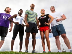 The London Western Track and Field team is sending six athletes to the Pan Am games in Toronto this July, this is one of the biggest yields from a single club across Canada.
From left, Tim Hendry-Gallagher, Alicia Smith, Damian Warner, Caroline Ehrhardt, and Daniel Novia. Missing from the photo is London's Lanni Marchant who is training in Vancouver.
Mike Hensen/The London Free Press/Postmedia Network)