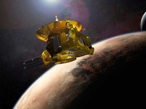 New Horizons spacecraft encountering Pluto and its largest moon, Charon, is seen in this NASA image from July 2015. The first spacecraft to visit distant Pluto, a dwarf planet in the solar system's frozen backyard, is still three months away from a close encounter, but already in viewing range, newly released photos show.    REUTERS/NASA/Applied Physics Laboratory/Southwest Research Institute