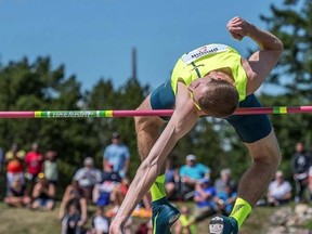 Derek Drouin earned the gold medal in senior men's high jump at the Canadian national track and field championships in Edmonton by leaping 2.34m. The 25-year-old Corunna native's jump also broke a record at the event set by Milton Ottey in 1986.  (Handout/Sarnia Observer/Postmedia Network)