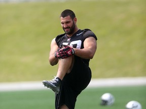 Defensive lineman Ettore Lattanzio practises with the Ottawa RedBlacks at TD Place on Monday, July 6, 2015. The club signed the Ottawa native and former University of Ottawa Gee-Gees player Monday and added him to the practice roster.(Chris Hofley/Ottawa Sun)