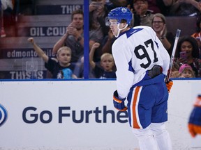 Connor McDavid limited his goal celebrations Monday to the barest minimum. (Ian Kucerak, Edmonton Sun)