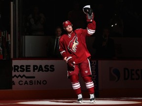 Mikkel Boedker, who has played seven seasons with the Arizona Coyotes, has signed on for at least one more. (Christian Petersen/AFP)