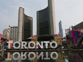 Toronto's Nathan Phillips Square is prepared for the opening of the Pan Am Games. (STAN BEHAL/Toronto Sun)