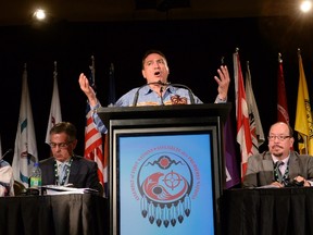 Assembly of First Nations national Chief Perry Bellegarde gives the keynote speech at the AFN's annual conference in Montreal on Tuesday, July 7, 2015. THE CANADIAN PRESS/Ryan Remiorz