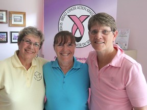 Alison Ahara, left, Lynne Funnell and Sarah Emery are all members of Breast Cancer Action Kingston in Kingston, Ont. on Tues., July 7, 2015 and are organizing a golf tournament next month to raise money for the cause. Michael Lea/The Whig-Standard/Postmedia Network