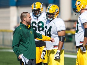 The Eskimos O-Line under coach Mike Scheper struggled in the season opener but are looking to turn things around against the RedBlacks on Thursday. (Ian Kucerak, Edmonton Sun)