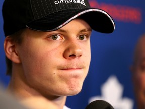 Leafs prospect Kasperi Kapanen, who came over from Pittsburgh in the Phil Kessel deal, speaks to media at the MasterCard Centre yesterday. (Dave Abel/Toronto Sun)