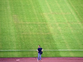A man looks at the pitch appearing to show the pattern of a swastika following the the Euro 2016 qualifying football match between Croatia and Italy at the Poljud stadium in Split on June 12, 2015. (AFP PHOTO / ANDREJ ISAKOVIC)