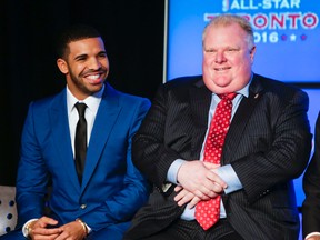 Drake and then-mayor Rob Ford at a 2013 announcement that Toronto would host the 2016 NBA All-Star Game. (Ernest Doroszuk/Toronto Sun)