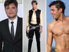 (L-R) Josh Hutcherson, Harrison Ford as Han Solo, and a shirtless Zac Efron. (WENN file photos)