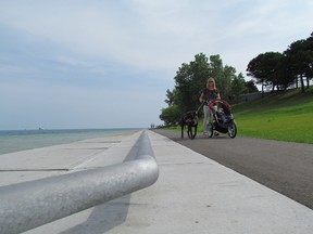 Karen Berglund of Sarnia, walks her grandson and dog on Wednesday July 8, 2015 in Sarnia, Ont., near a low metal safety railing built during recent upgrading of shoreline protection at the Lambton Area Water Supply System plant. Officials have decided to remove the railing, after hearing concerns from the public. (Paul Morden, The Observer)