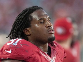 San Francisco 49'ers defensive end Ray McDonald watches the action during the second quarter of the game against the Chicago Bears at Levi's Stadium in Santa Clara, California, in this file photo taken September 14, 2014. Ed Szczepanski-USA TODAY Sports