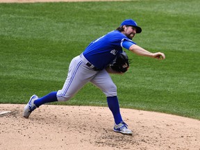 Blue Jays starting pitcher R.A. Dickey delivers against the White Sox during second inning MLB action at U.S Cellular Field in Chicago on Thursday, July 9, 2015. (Matt Marton/USA TODAY Sports)
