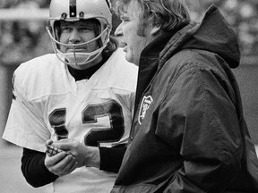 In this Jan. 4, 1976, file photo, Oakland Raiders quarterback Ken Stabler rubs his hands to warm them as he talks to Raiders coach John Madden on the sideline during the NFL football AFC championship game in Pittsburgh. Stabler, who led the Raiders to a Super Bowl victory and was the NFL's Most Valuable Player in 1974, has died as a result of complications from colon cancer. He was 69. His family announced his death on Stabler's Facebook page on Thursday, July 9, 2015. (AP Photo/File)