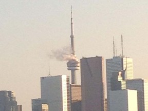 Fireworks off of the top of the CN Tower made the iconic building look like it was on fire. 

(Twitter/heatherjmercer)