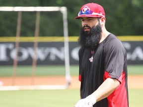Tim Smith’s lengthy facial hair seldom fails to elicit a comment from a catcher, a first baseman or a fan. (Baseball Canada photo)