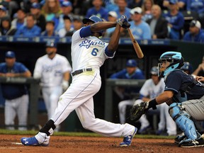 Lorenzo Cain of the Kansas City Royals hits a home run on July 8, 2015 against the Tampa Bay Rays at Kauffman Stadium in Kansas City. (JOHN RIEGER/USA TODAY Sports)