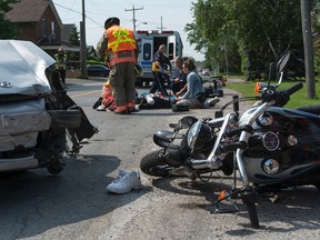 SUBMITTED PHOTO BY CHARLES VILAGUT
Three people were taken to hospital Friday morning following a collision involving a motorcycle and a car on Cannifton Road in the Village of Cannifton just after 10 a.m. The road was closed to traffic in both directions until 2:45 p.m. City police reported the adult female driver of the car and adult male driver of the motorcycle were treated at Belleville General Hospital. The adult female passenger on the motorcycle was transported to Kingston General Hospital in critical condition. The investigation is continuing. Any witnesses to the collision are asked to contact Constable Brad Stitt at the Belleville Police Service.