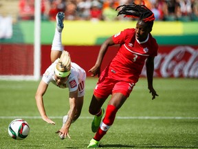Brampton’s Kadeisha Buchanan (right) is expected to play a key role with the Canadian women’s soccer team, which kicks off its Pan An Games tournament on Saturday in Hamilton. (IAN KUCERAK/POSTMEDIA NETWORK)