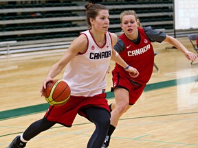 Michelle Plouffe, shown here in a drill last summer with Jamie Weisner, will make her 2015 Canadian national women's team debut next Thursday. (Codie mcLachlan, Edmonton Sun)