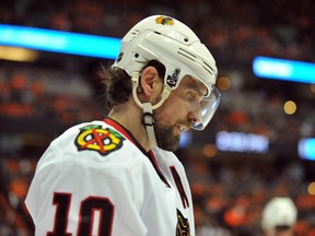 Chicago Blackhawks left wing Patrick Sharp (10) reacts during the 4-1 loss against the Anaheim Ducks during the third period in game one of the Western Conference Final of the 2015 Stanley Cup Playoffs at Honda Center. Gary A. Vasquez-USA TODAY Sports