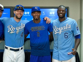 The Kansas City Royals have four players voted in as starters for the all-star game in Cincinnati: Salvador Perez (left), Alex Gordon (second from left) Alcides Escobar (second from right and Lorenzo Cain. The team is sending seven players in total. The Blue Jays are hoping their youngsters can follow a similar path. (AP/PHOTO)