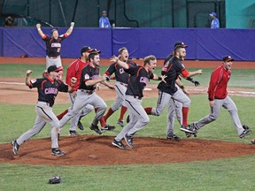 Canadian players whoop it up in Mexico after winning the Pan Am Games gold medal in 2011. (Reuters)