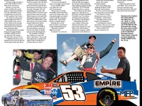 Clockwise from bottom left: Kevin Dowler’s old faithful No. 35 car; “givin’ ‘er” after winning the CASCAR run at the Molson Indy during the 90s; doing the same with son Noel on his shoulders after a win at Edmonton Municipal Airport; Adam Dowler is thumbs up about joining the family tradition in his No. 53 car.