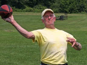Ivan Urquhart, 81, still plays in a regular touch football game in Newmarket. (John Kryk/Toronto Sun)