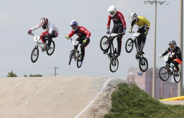 Cycling BMX Pan Am Games  gold medal winner Tory Nyhaug of Canada (rider #2 out in front) in final on Saturday July 11, 2015. Craig Robertson/Toronto Sun/Postmedia Network
