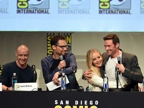 (L-R) Actor James McAvoy, director Bryan Singer, actress Jennifer Lawrence, actor Hugh Jackman and actor Michael Fassbender speak onstage at the 20th Century FOX panel during Comic-Con International 2015 at the San Diego Convention Center on July 11, 2015 in San Diego, California.  Kevin Winter/Getty Images/AFP