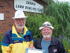 Bill Nowosad, left, and Gerry Wild won the men's pairs tournament July 8 at the Sarnia Lawn Bowling Club. The club also hosted its annual Canada Day tournament July 1, and welcomes open pairs for an event July 18.  (Handout)