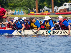 Dragon Boat teams face in one of the many races of the day on Saturday July 11, 2015 in Belleville, Ont. The Belleville Dragon Boat Club partnered with Three Oaks for the event. Tim Miller/Belleville Intelligencer/Postmedia Network