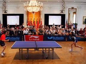 Zheng Huaiying (L) of China and Judy Hoarfrost of the United States take part in a rematch at the 40th anniversary commemoration of "Ping Pong Diplomacy" at the Richard Nixon Presidential Library and Museum in Yorba Linda, California, July 8, 2011. The 1971 and 1972 Chinese-American table tennis matches in China helped thaw relations between the countries through what became known as "Ping Pong Diplomacy". REUTERS/David McNew