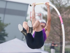 USA's Jack Whitt goes for the bar in the men's pole vault event at the 2015 Track Town Classic at Foote Field on Sunday (Ian Kucerak, Edmonton Sun).