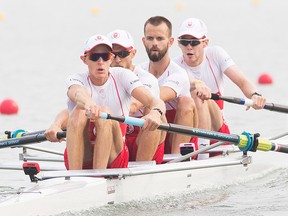 Canadian rowers Nicolas Pratt (stroke), Maxwell Latimer, Eric Woelfl and Brendan Hodge finished second in their heat of the men’s lightweight coxless four in St. Catharines yesterday. (Bob Tymczyszyn/Postmedia Network)